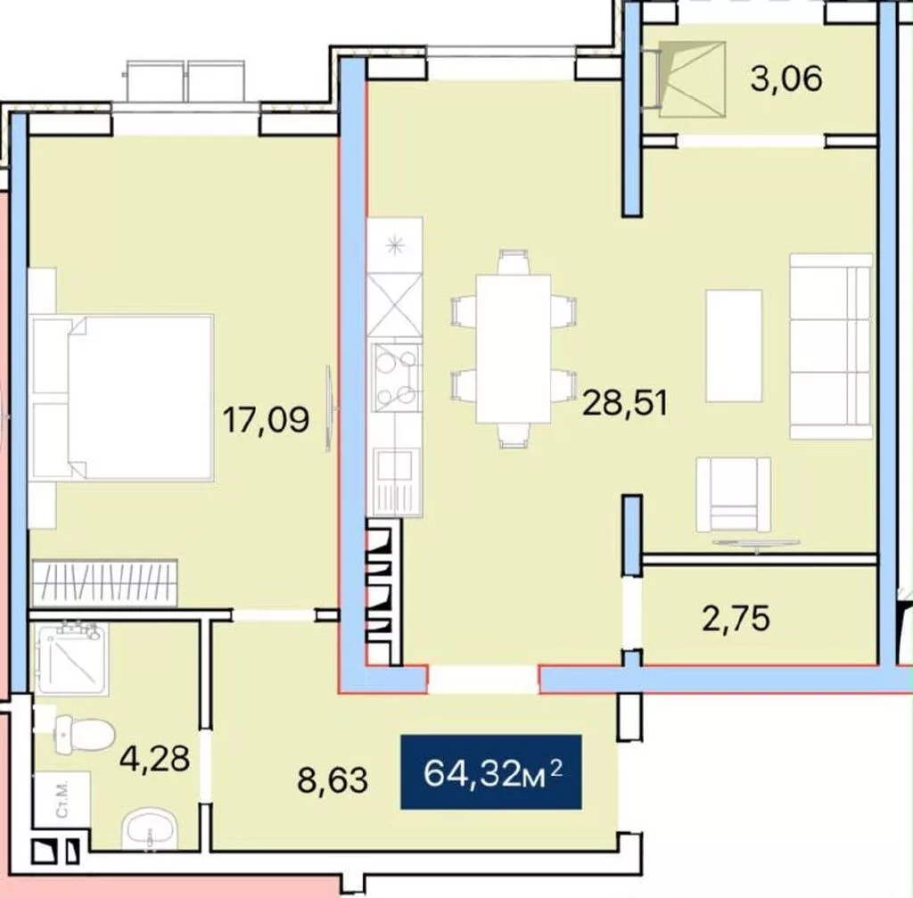 2 комнаты, 64 м², Элитка, 5 этаж, Требуется ремонт