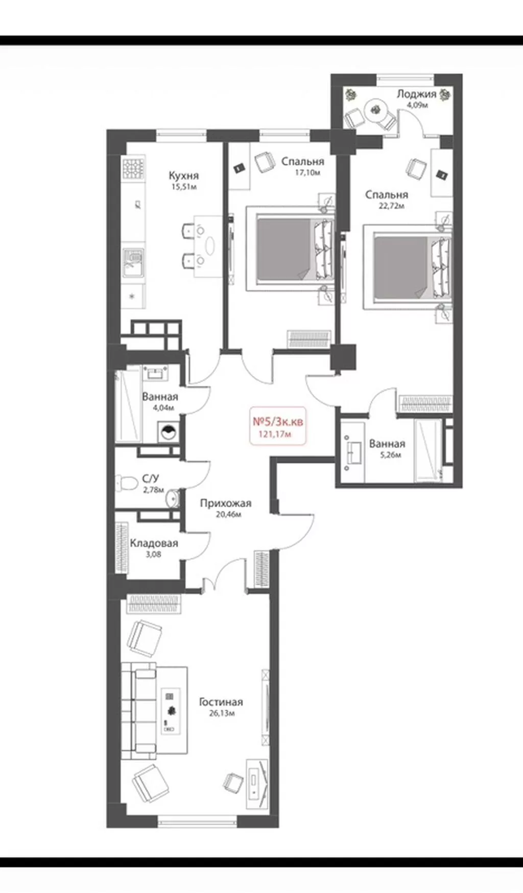Строится, Элитка, 3 комнаты, 121 м²